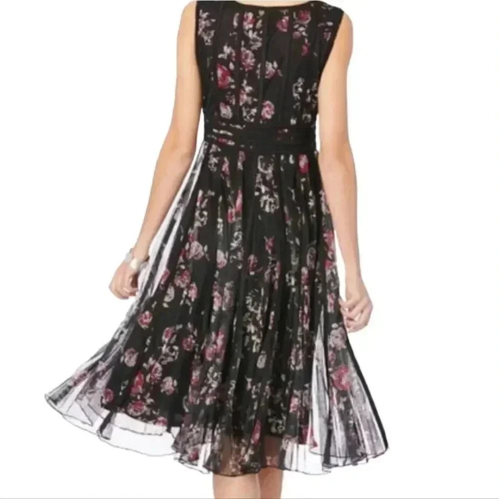 Roaman's black floral party dress with sheer overlay